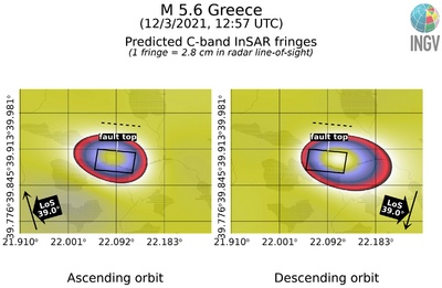 Frange interferometriche, per orbita ascendente a discendente Sentinel-1, simulate in base allo scenario dello spostamento
